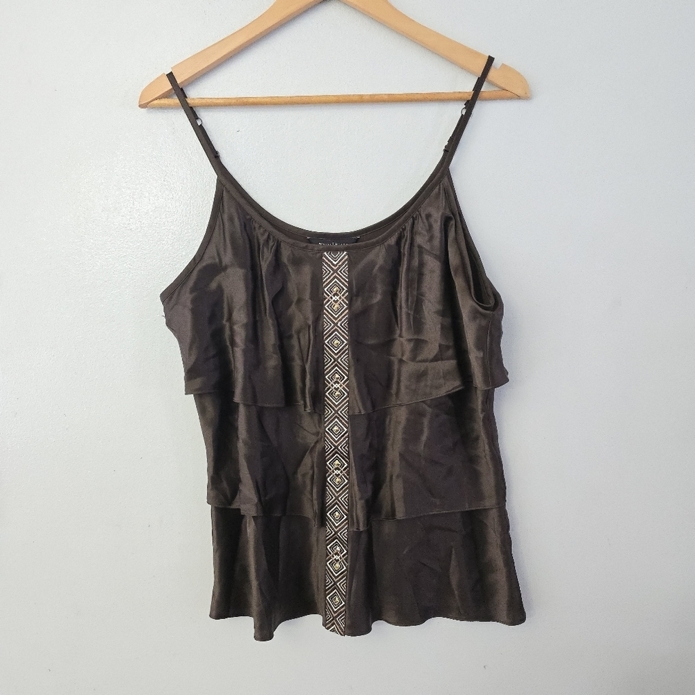 WHITE HOUSE BLACK MARKET Espresso Brown Embroidered Ruffled Silk Top Tank Large